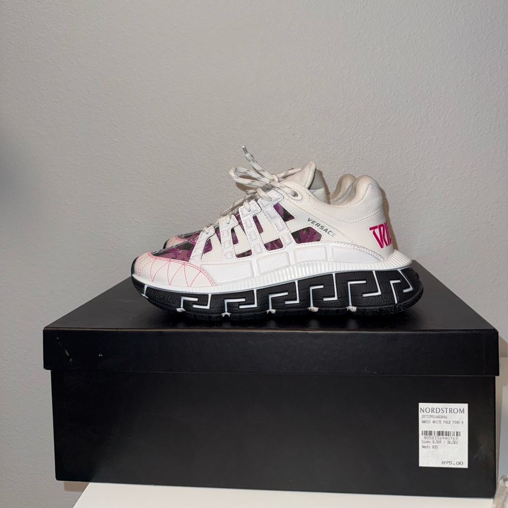 Versace Women's White and Pink Patterned Sneakers